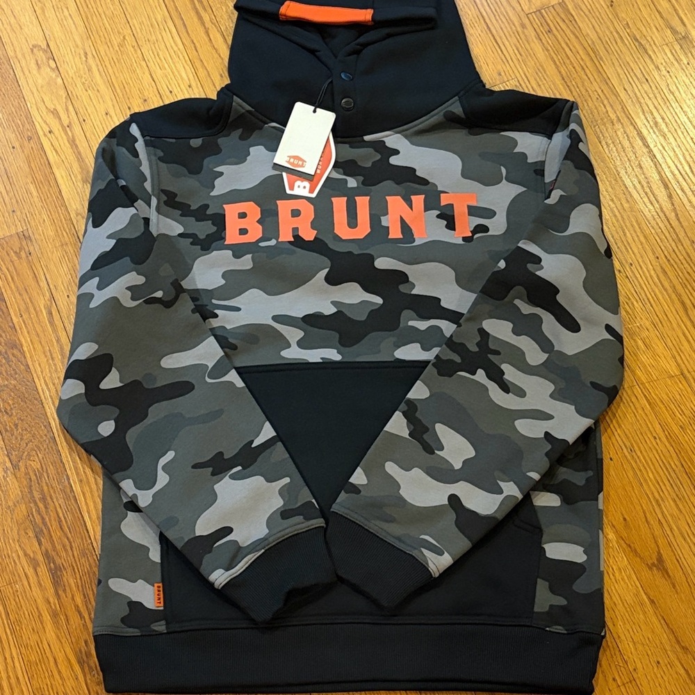 Brunt Workwear Mens Hoodie Black Camo Pullover Sweatshirt Size L